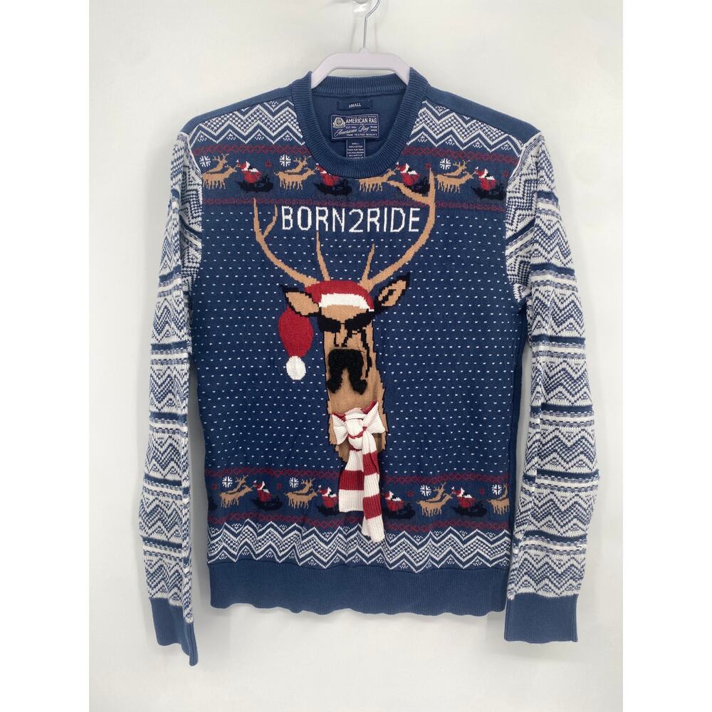 American Rag Mustache Reindeer Ugly Christmas Sweater Born2Ride Blue Small